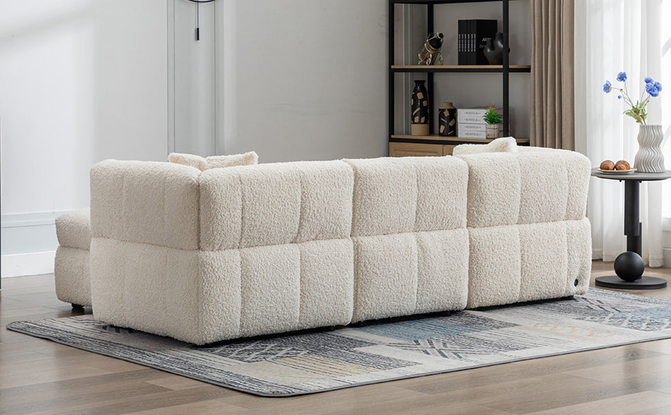 87.7" Sectional Sofa Cozy Teddy Fleece Fabric Sectional Sofa Couch With Two Usb Ports A Movable Storage Ottoman And Two Lumbar Pillows For Living Room, Creamy White Creamy White Foam Teddy