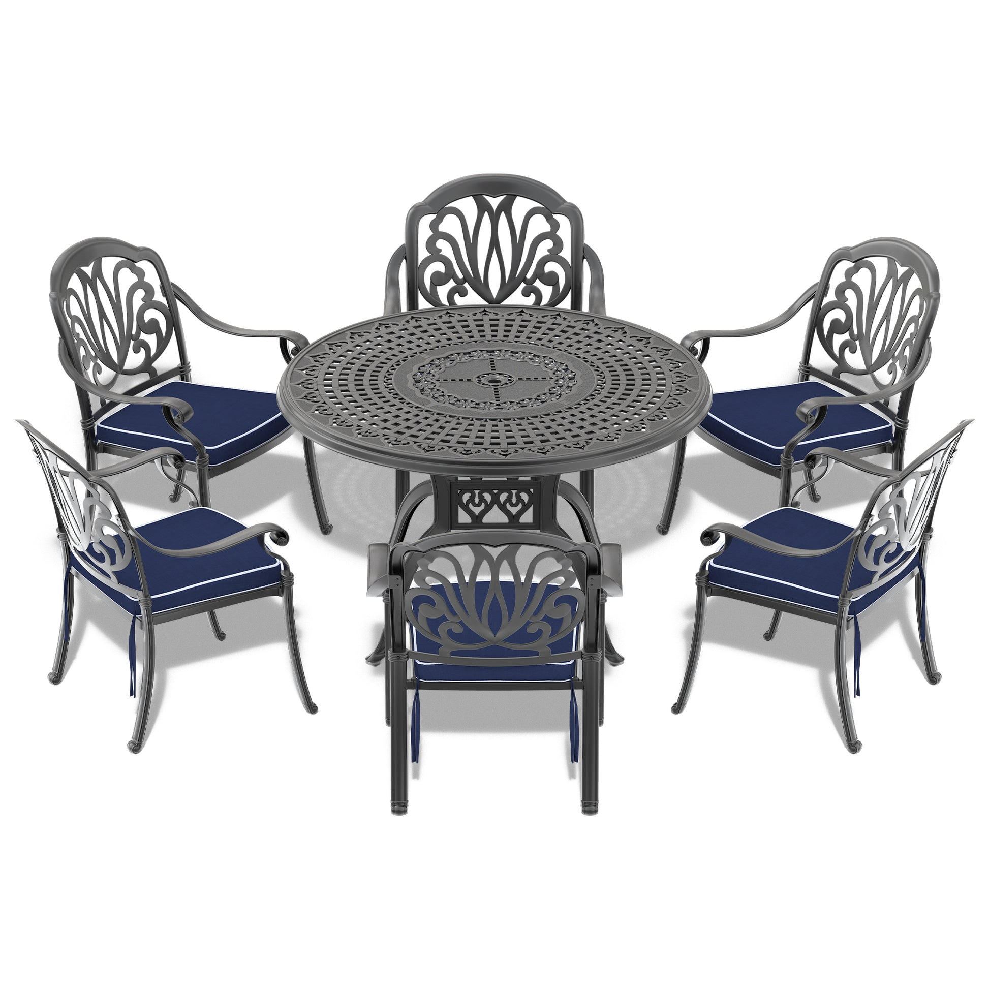 Cushions In Random Colors 7 Piece Set Of Cast Aluminum Patio Furniture With Cushions Yes Dining Set Black Seats 6 Rust Resistant Frame Water Resistant Cushion Garden & Outdoor Complete Patio Sets Aluminium