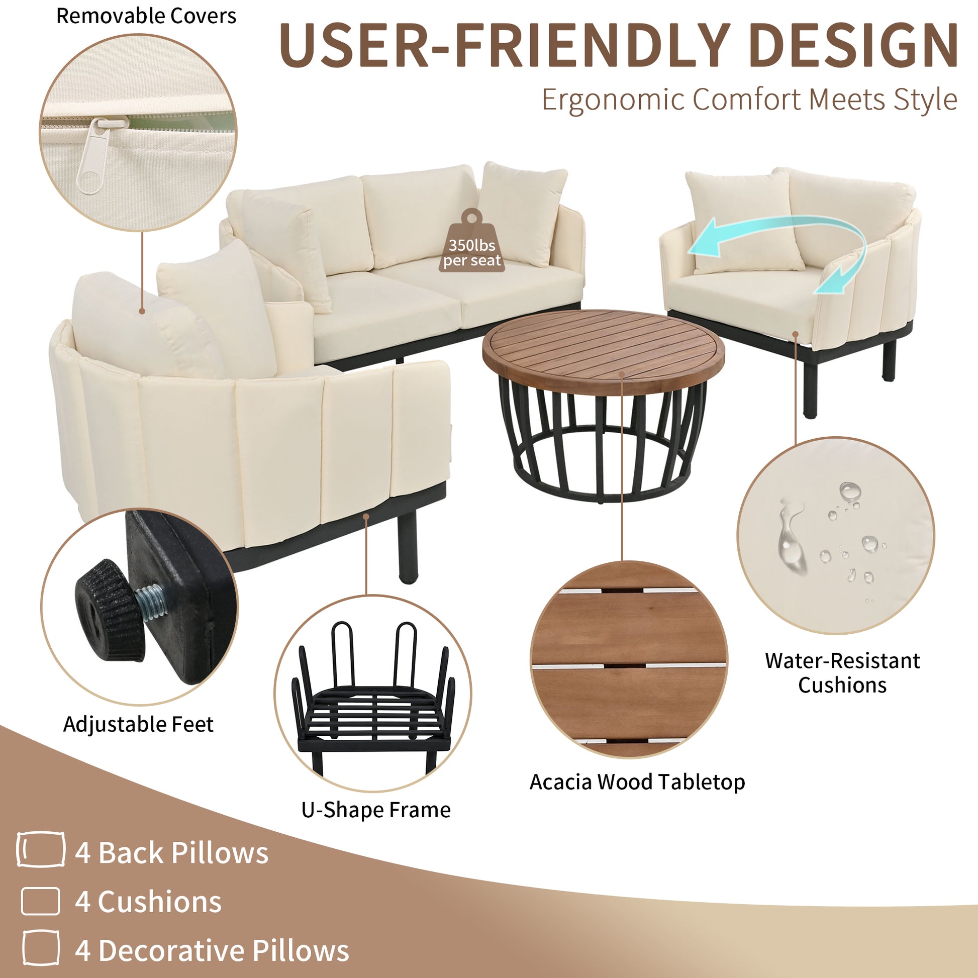 Luxury Modern 4 Piece Outdoor Iron Frame Conversation Set, Patio Chat Set With Acacia Wood Round Coffee Table For Backyard, Deck, Poolside, Indoor Use, Loveseat Arm Chairs, Beige Yes Sectional Beige Weather Resistant Frame Water Resistant Cushion Garden