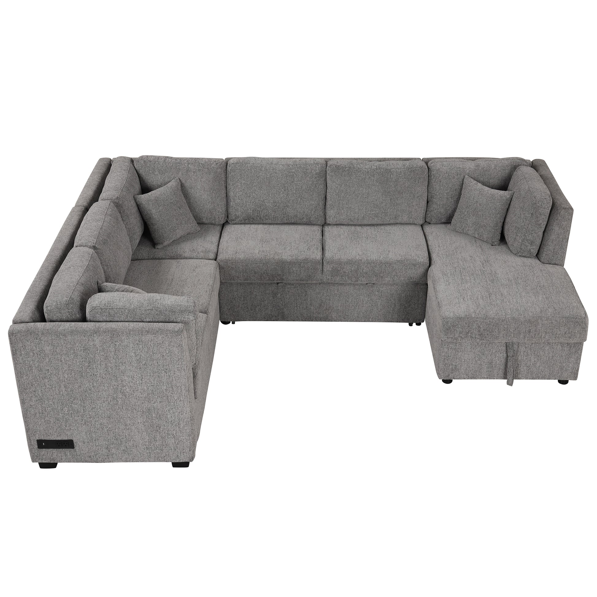 108.6" U Shaped Sectional Sofa Pull Out Sofa Bed With Two Usb Ports, Two Power Sockets, Three Back Pillows And A Storage Chaise For Living Room, Light Gray Light Gray Foam Chenille 5 Seat