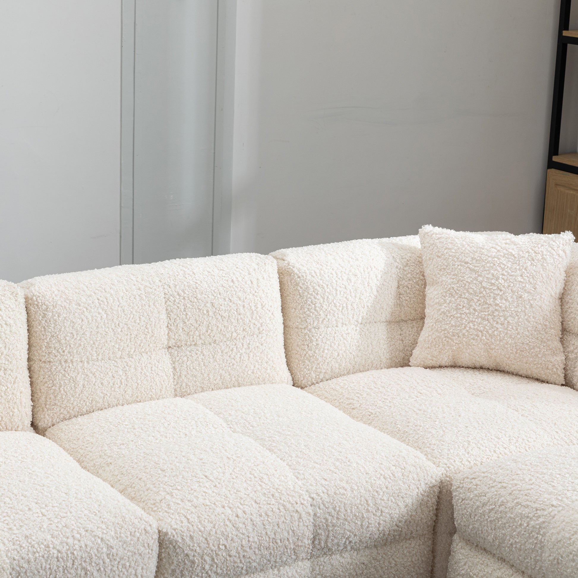 87.7" Sectional Sofa Cozy Teddy Fleece Fabric Sectional Sofa Couch With Two Usb Ports A Movable Storage Ottoman And Two Lumbar Pillows For Living Room, Creamy White Creamy White Foam Teddy