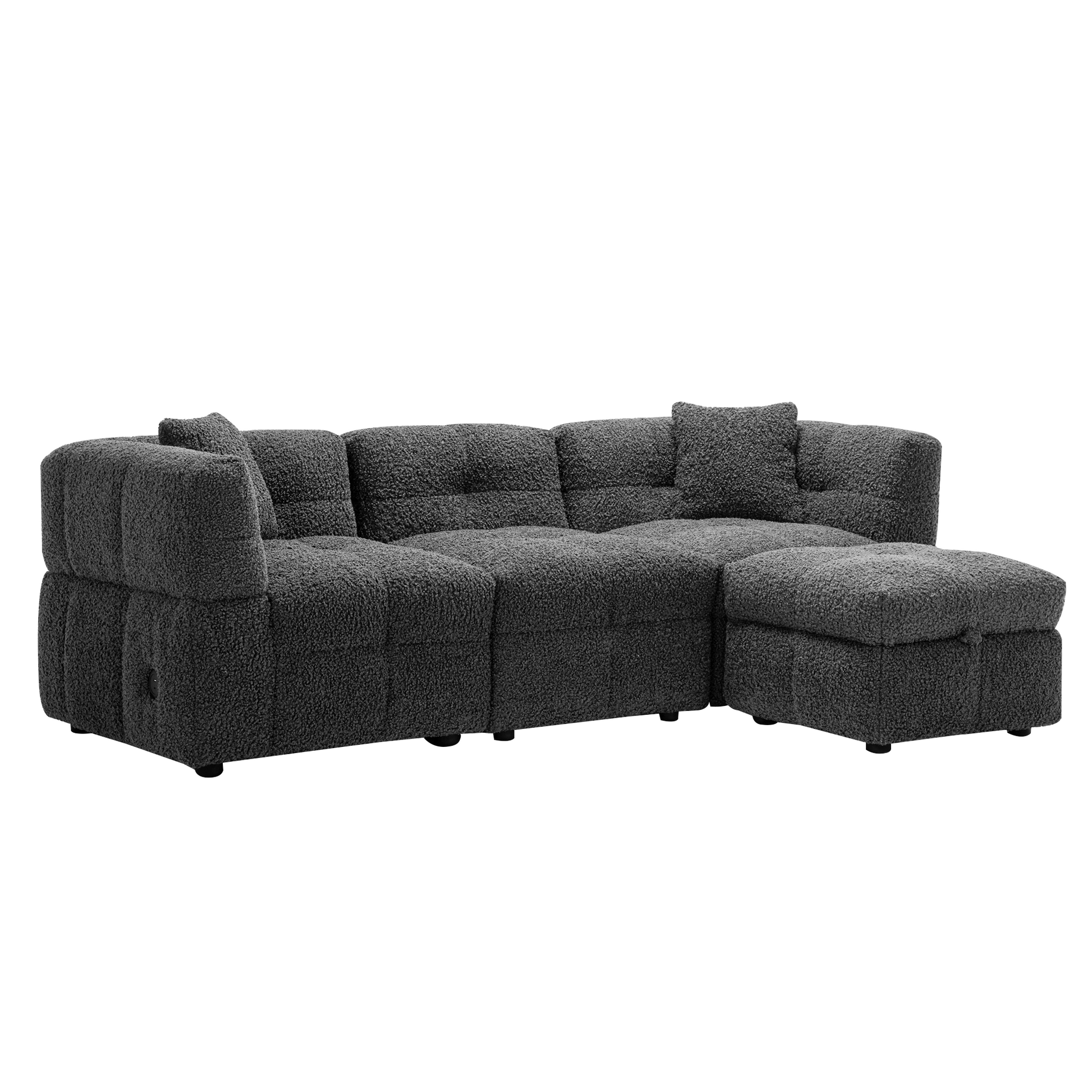 87.7" Sectional Sofa Cozy Teddy Fleece Fabric Sectional Sofa Couch With Two Usb Ports A Movable Storage Ottoman And Two Lumbar Pillows For Living Room, Gray Gray Foam Teddy 4 Seat