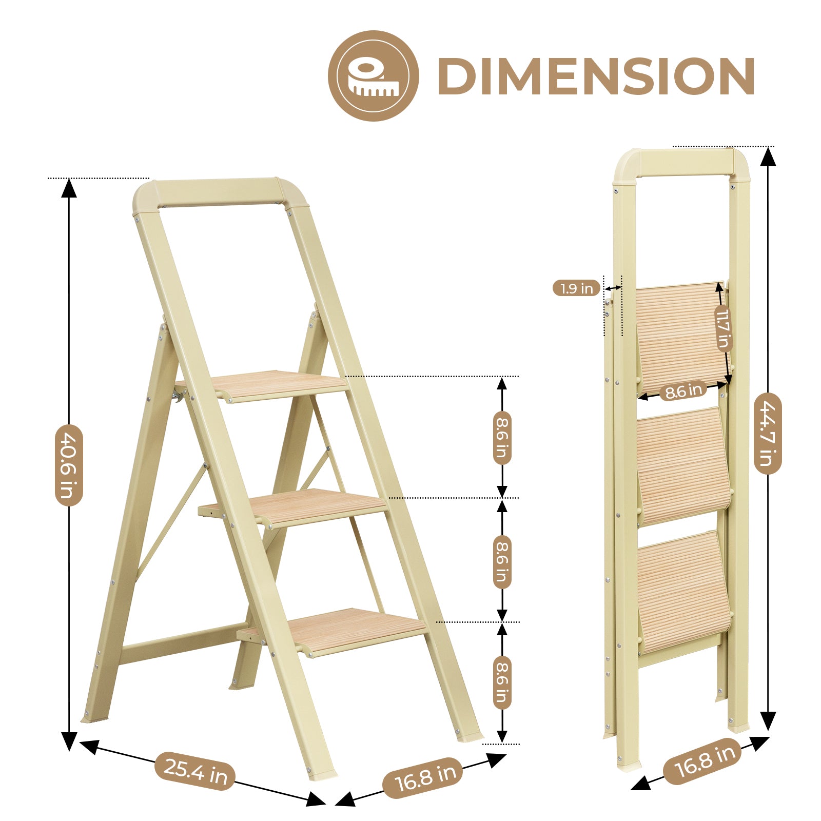 3 Step Ladder Folding Step Stool for Adults with Wide light beige-aluminum