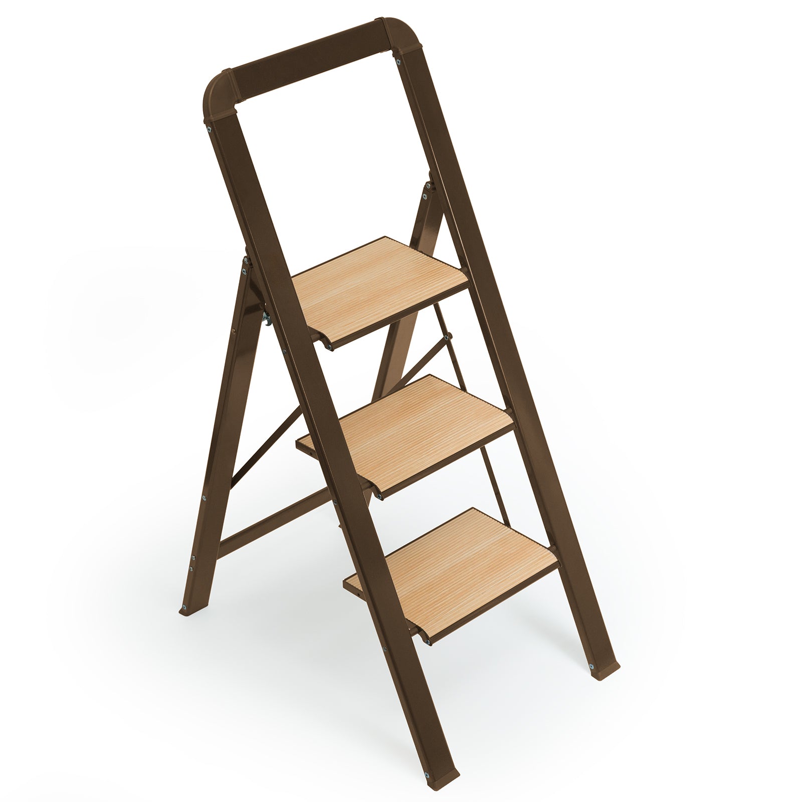 3 Step Ladder Folding Step Stool for Adults with Wide brown-aluminum