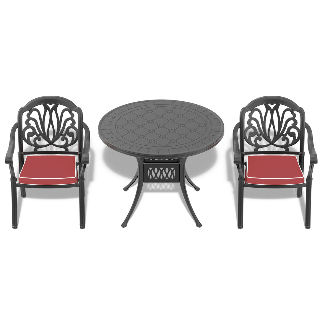 Cushions In Random Colors 3 Piece Set Of Cast Aluminum Patio Furniture With Cushions Yes Dining Set Black Seats 2 Rust Resistant Frame Water Resistant Cushion Garden & Outdoor Complete Patio Sets Aluminium