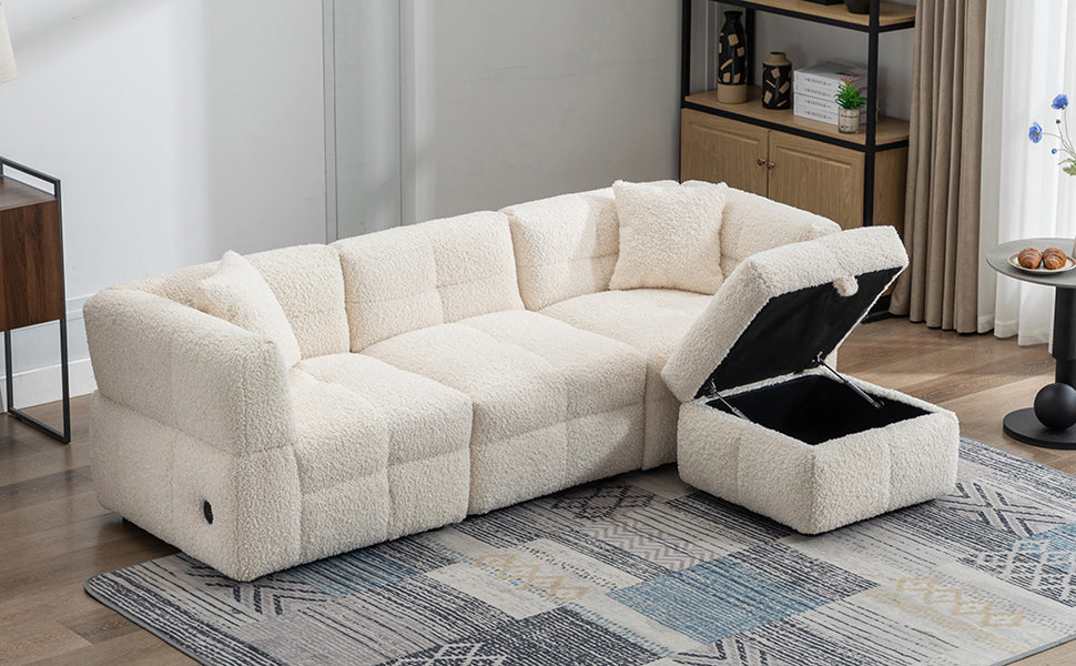 87.7" Sectional Sofa Cozy Teddy Fleece Fabric Sectional Sofa Couch With Two Usb Ports A Movable Storage Ottoman And Two Lumbar Pillows For Living Room, Creamy White Creamy White Foam Teddy