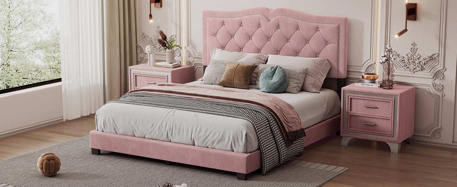 Queen Size Upholstered Bed Frame With Rivet Design, Modern Velvet Platform Bed With Tufted Headboard,Pink Pink Velvet