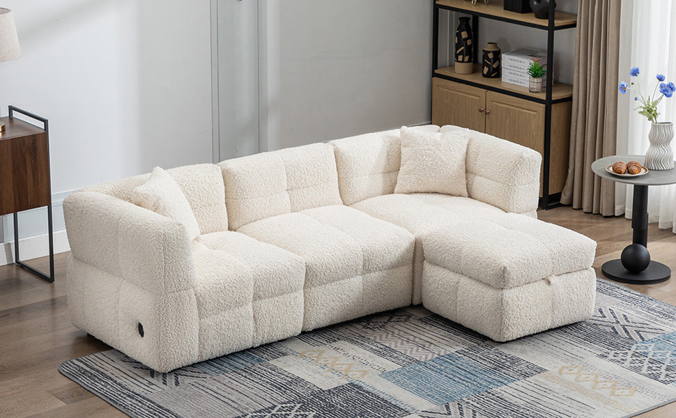 87.7" Sectional Sofa Cozy Teddy Fleece Fabric Sectional Sofa Couch With Two Usb Ports A Movable Storage Ottoman And Two Lumbar Pillows For Living Room, Creamy White Creamy White Foam Teddy