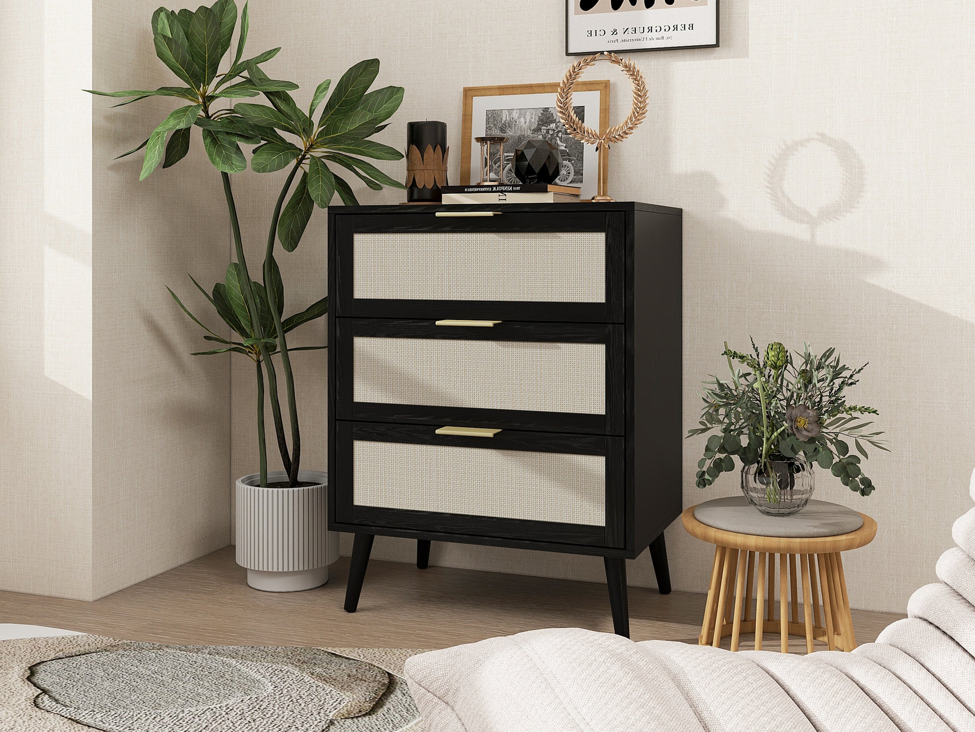 3 Drawer Cabinet, Suitable For Bedroom, Living Room, Study Black Particle Board