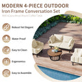 Luxury Modern 4 Piece Outdoor Iron Frame Conversation Set, Patio Chat Set With Acacia Wood Round Coffee Table For Backyard, Deck, Poolside, Indoor Use, Loveseat Arm Chairs, Beige Yes Sectional Beige Weather Resistant Frame Water Resistant Cushion Garden