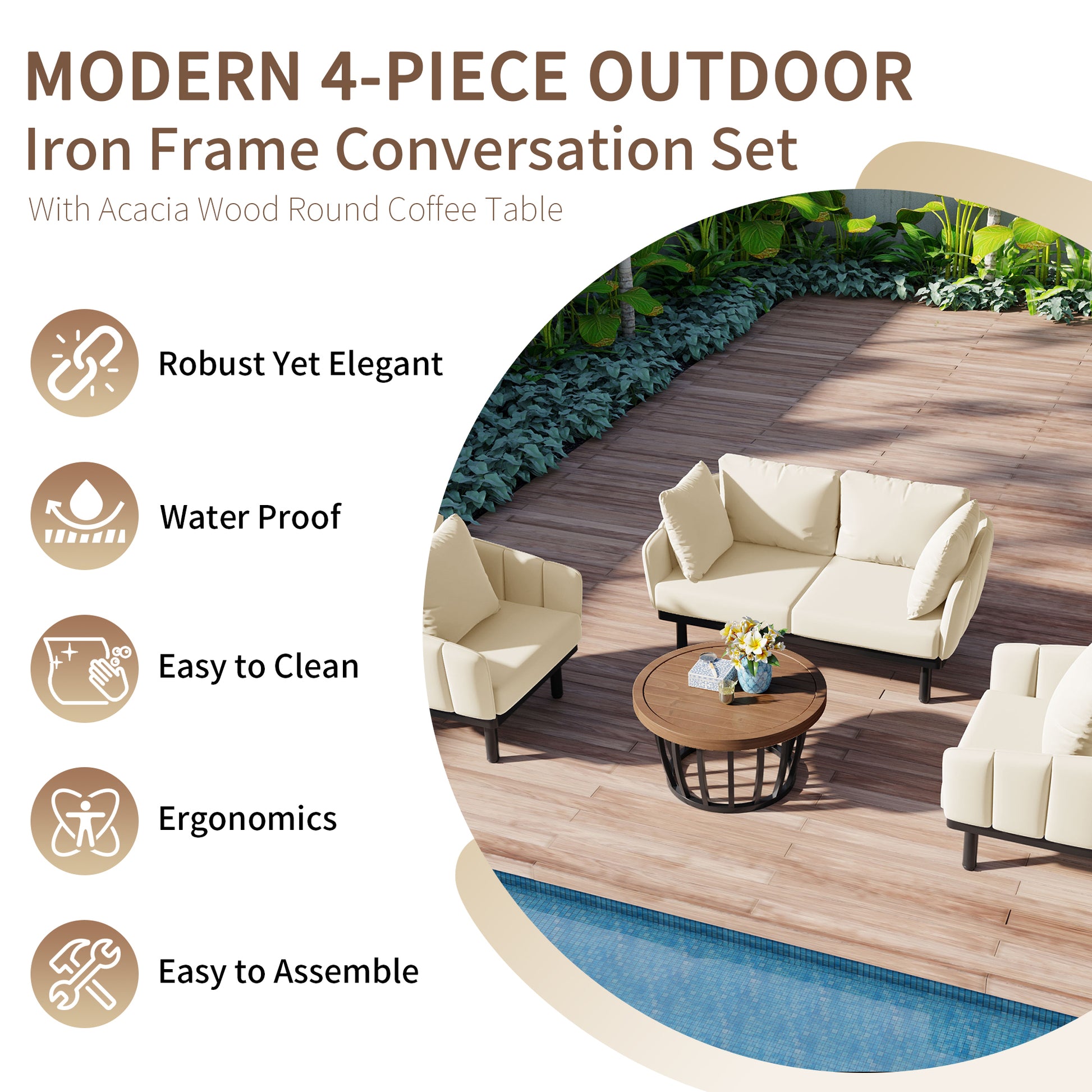 Luxury Modern 4 Piece Outdoor Iron Frame Conversation Set, Patio Chat Set With Acacia Wood Round Coffee Table For Backyard, Deck, Poolside, Indoor Use, Loveseat Arm Chairs, Beige Yes Sectional Beige Weather Resistant Frame Water Resistant Cushion Garden