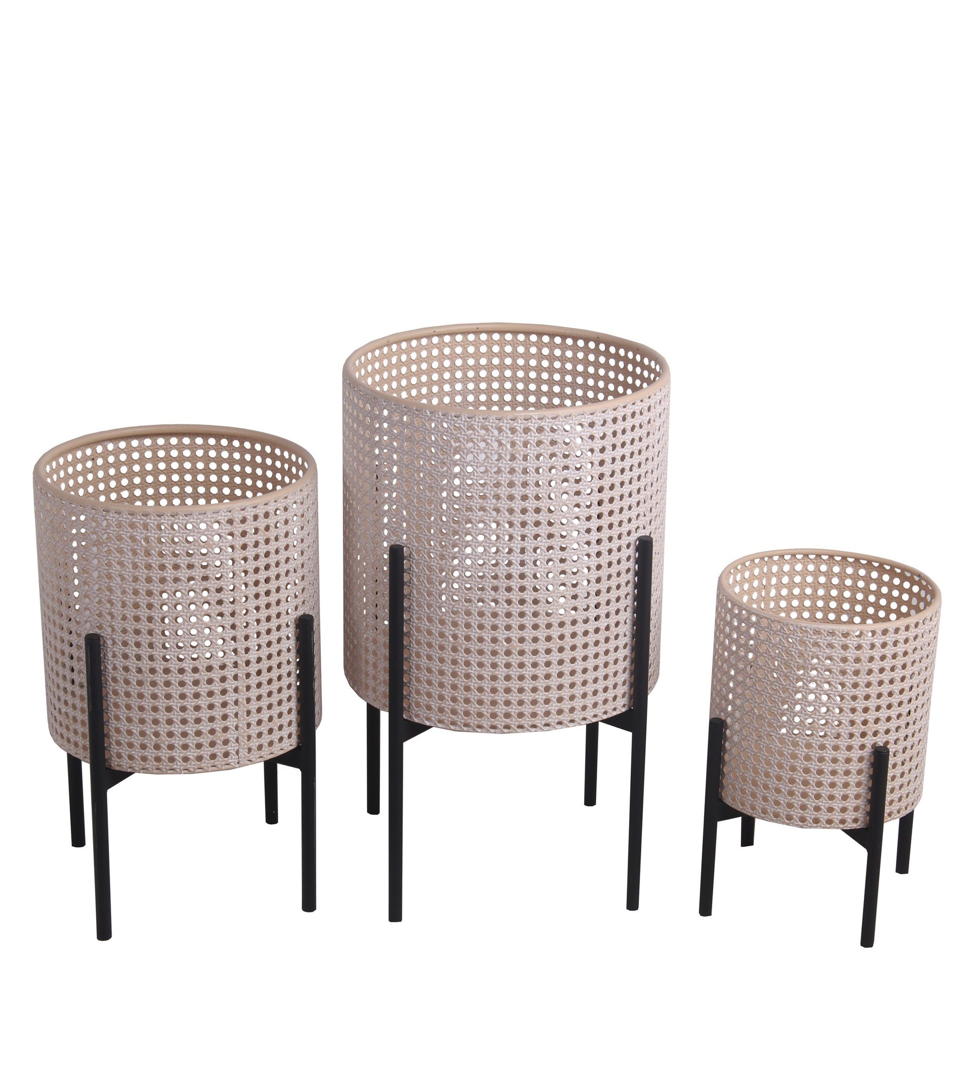 Lattice Round Metal Planter With Tubular Base, Set Of 3, Black And Beige Beige Black Metal