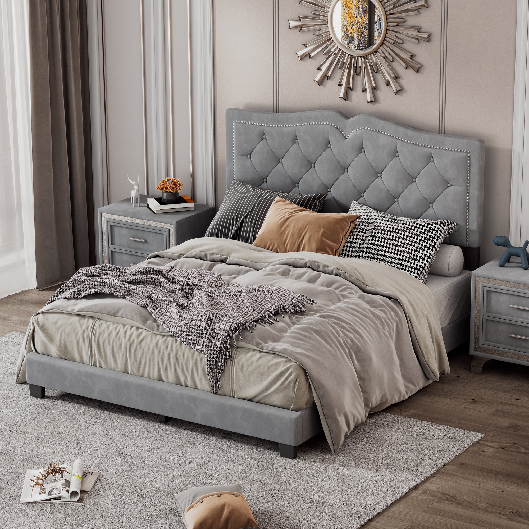 Queen Size Upholstered Bed Frame With Rivet Design, Modern Velvet Plat
