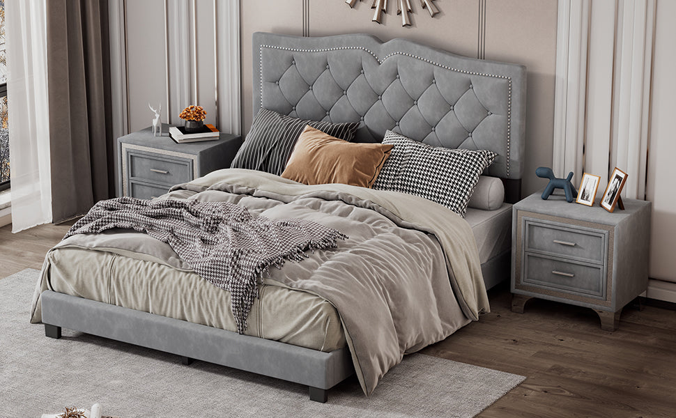 Queen Size Upholstered Bed Frame With Rivet Design, Modern Velvet Platform Bed With Tufted Headboard,Gray Gray Velvet