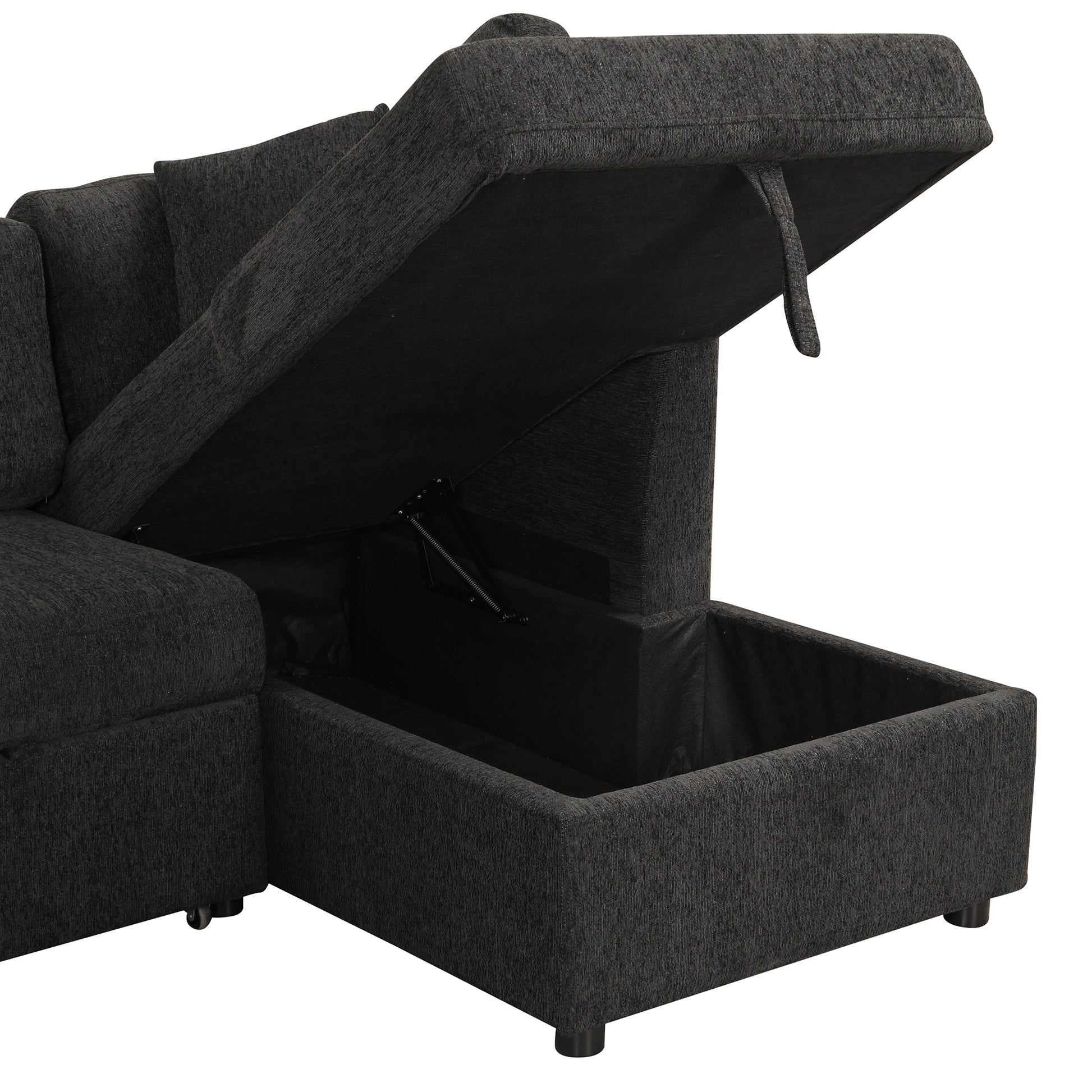 108.6" U Shaped Sectional Sofa Pull Out Sofa Bed With Two Usb Ports, Two Power Sockets, Three Back Pillows And A Storage Chaise For Living Room, Black Black Foam Chenille 5 Seat