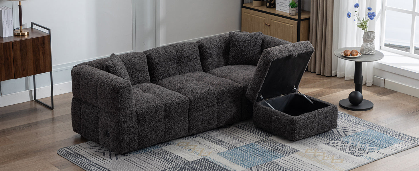 87.7" Sectional Sofa Cozy Teddy Fleece Fabric Sectional Sofa Couch With Two Usb Ports A Movable Storage Ottoman And Two Lumbar Pillows For Living Room, Gray Gray Foam Teddy 4 Seat