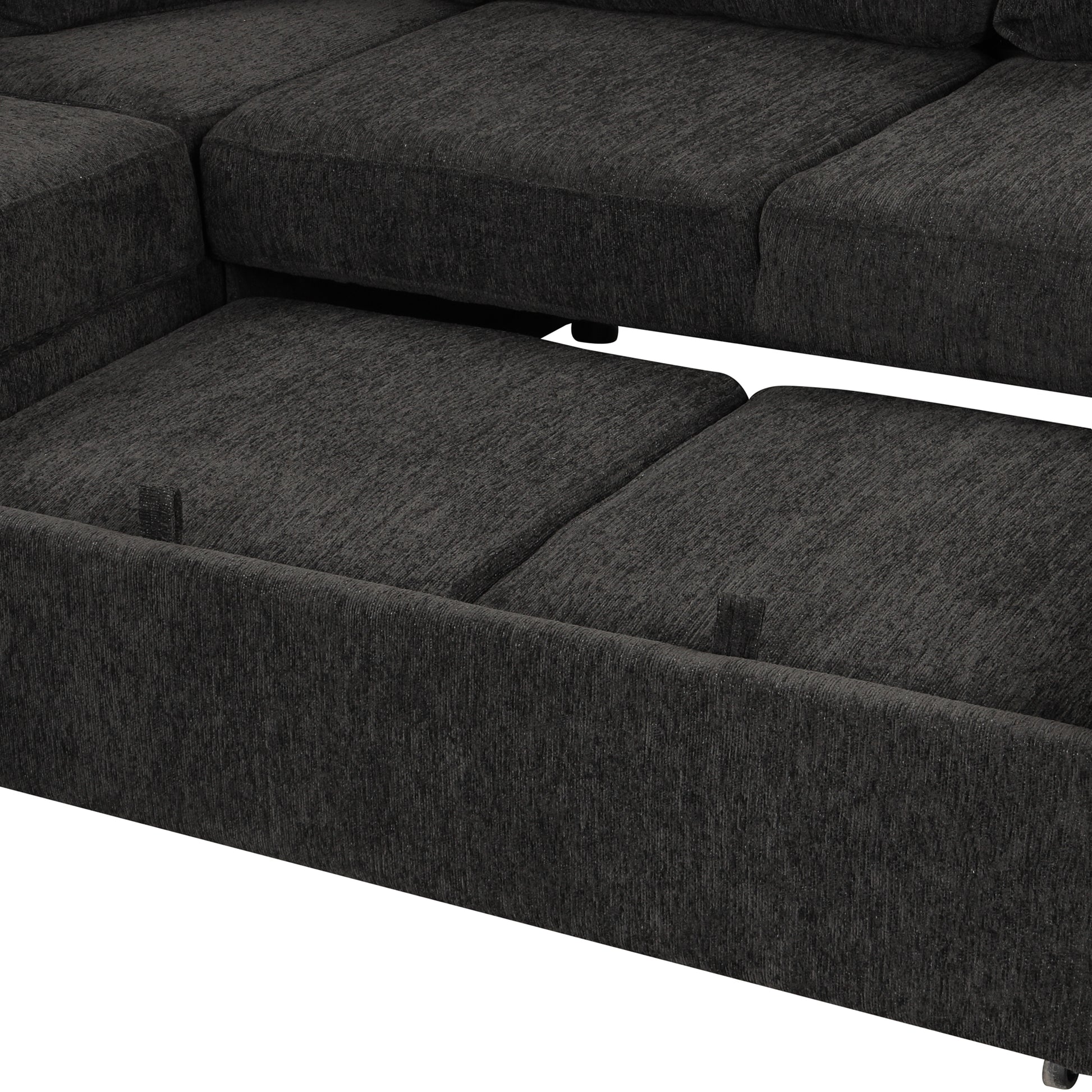 108.6" U Shaped Sectional Sofa Pull Out Sofa Bed With Two Usb Ports, Two Power Sockets, Three Back Pillows And A Storage Chaise For Living Room, Black Black Foam Chenille 5 Seat