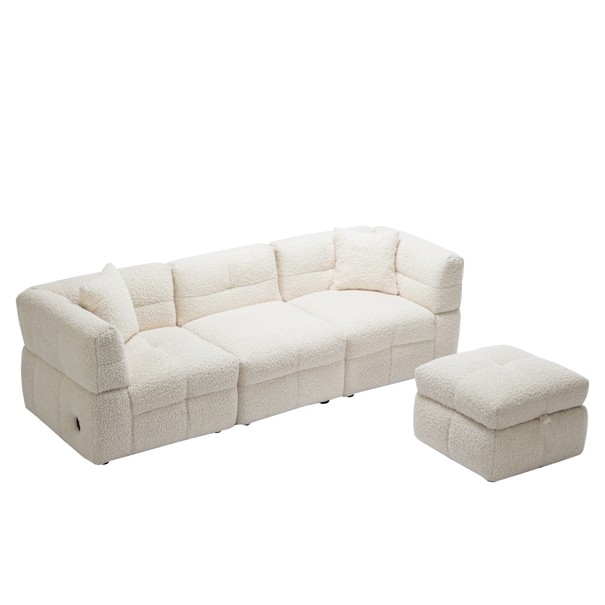 87.7" Sectional Sofa Cozy Teddy Fleece Fabric Sectional Sofa Couch With Two Usb Ports A Movable Storage Ottoman And Two Lumbar Pillows For Living Room, Creamy White Creamy White Foam Teddy