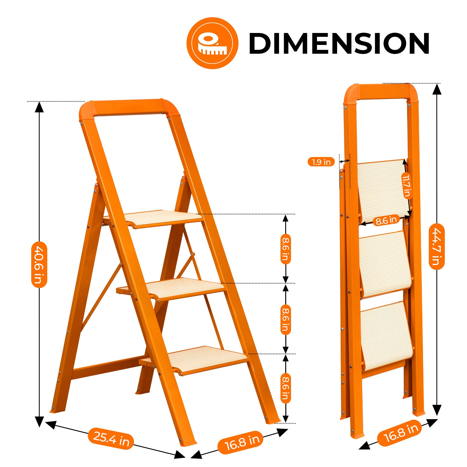 3 Step Ladder Folding Step Stool for Adults with Wide orange-aluminum