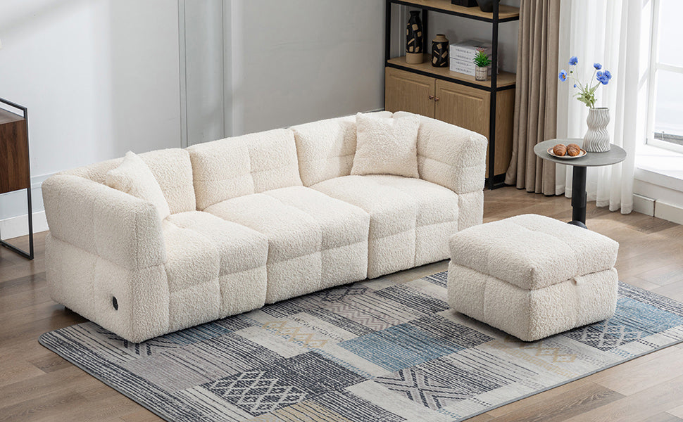 87.7" Sectional Sofa Cozy Teddy Fleece Fabric Sectional Sofa Couch With Two Usb Ports A Movable Storage Ottoman And Two Lumbar Pillows For Living Room, Creamy White Creamy White Foam Teddy