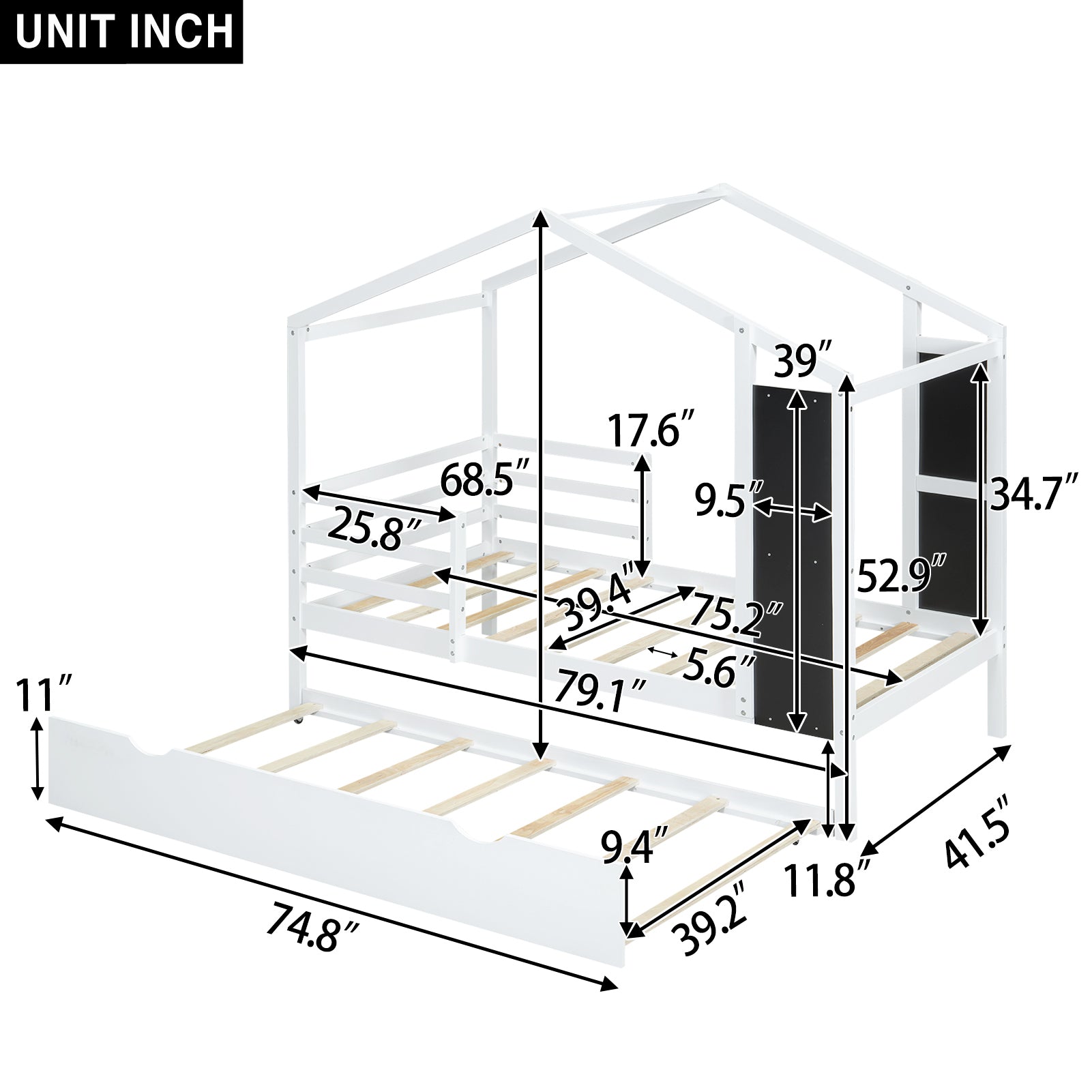 Twin Size Wood House Bed With Fence And Writing Board, White White Solid Wood