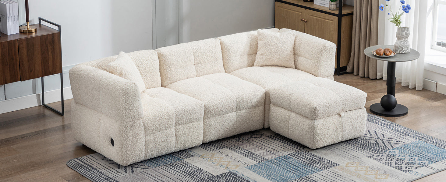 87.7" Sectional Sofa Cozy Teddy Fleece Fabric Sectional Sofa Couch With Two Usb Ports A Movable Storage Ottoman And Two Lumbar Pillows For Living Room, Creamy White Creamy White Foam Teddy