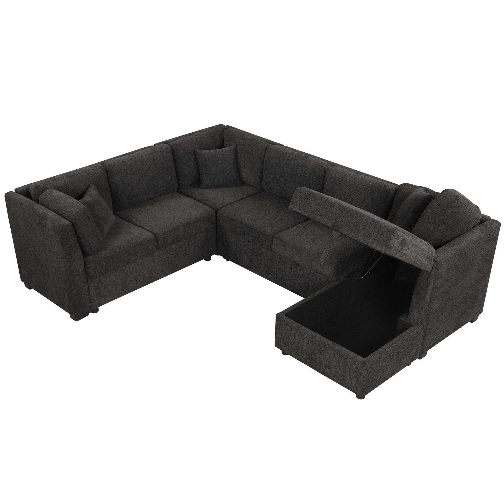 108.6" U Shaped Sectional Sofa Pull Out Sofa Bed With Two Usb Ports, Two Power Sockets, Three Back Pillows And A Storage Chaise For Living Room, Black Black Foam Chenille 5 Seat