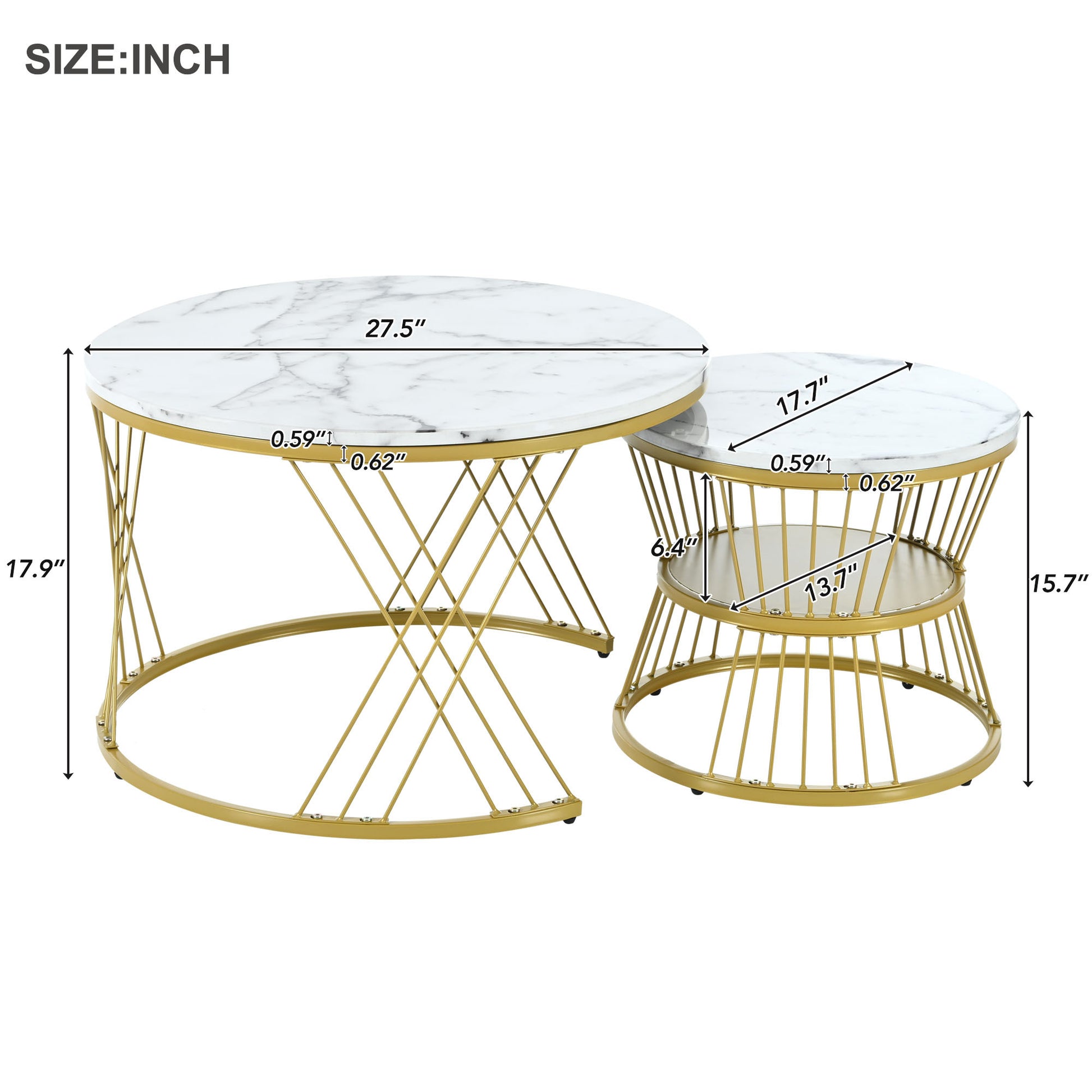 27.5'' & 17.7'' Nesting Coffee Table With Marble Grain Table Top, Golden Iron Frame Round Coffee Table, Set Of 2, For Living Room, Balcony, White White Gold Primary Living Space Mdf Iron