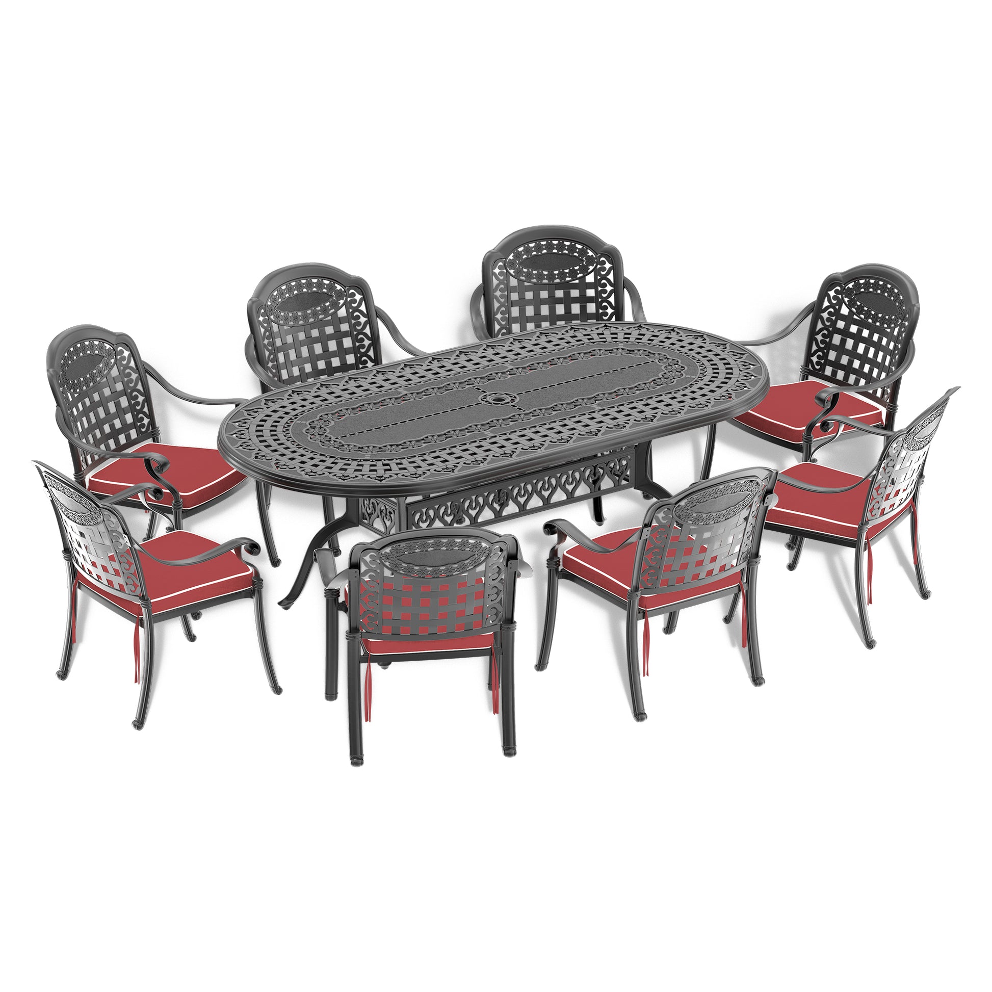 Cushions In Random Colors 9 Piece Set Of Cast Aluminum Patio Furniture With Cushions Yes Complete Patio Set Black Seats 8 Rust Resistant Frame Water Resistant Cushion Garden & Outdoor Complete Patio Sets Aluminium