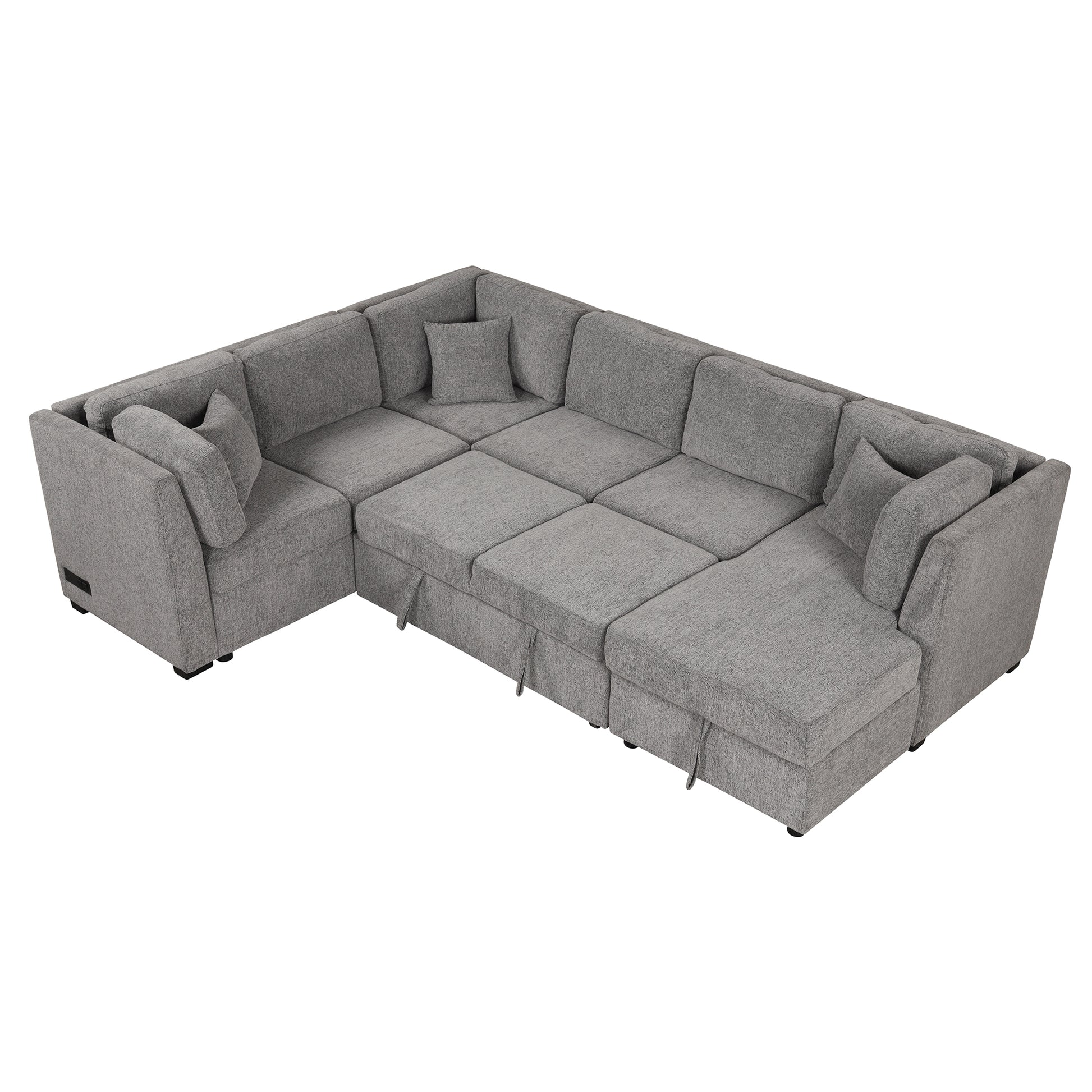 108.6" U Shaped Sectional Sofa Pull Out Sofa Bed With Two Usb Ports, Two Power Sockets, Three Back Pillows And A Storage Chaise For Living Room, Light Gray Light Gray Foam Chenille 5 Seat