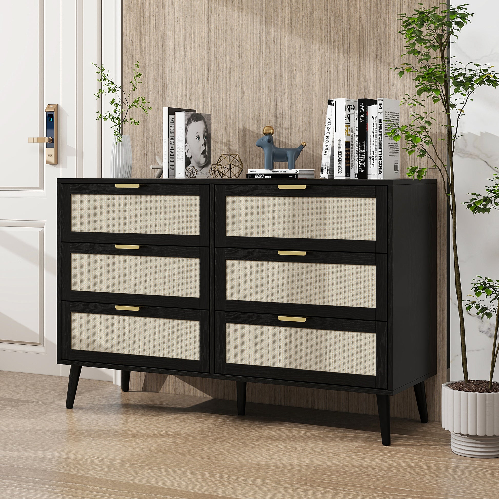 Modern 6 Drawer Dresser Wood Cabinet Black Black Particle Board