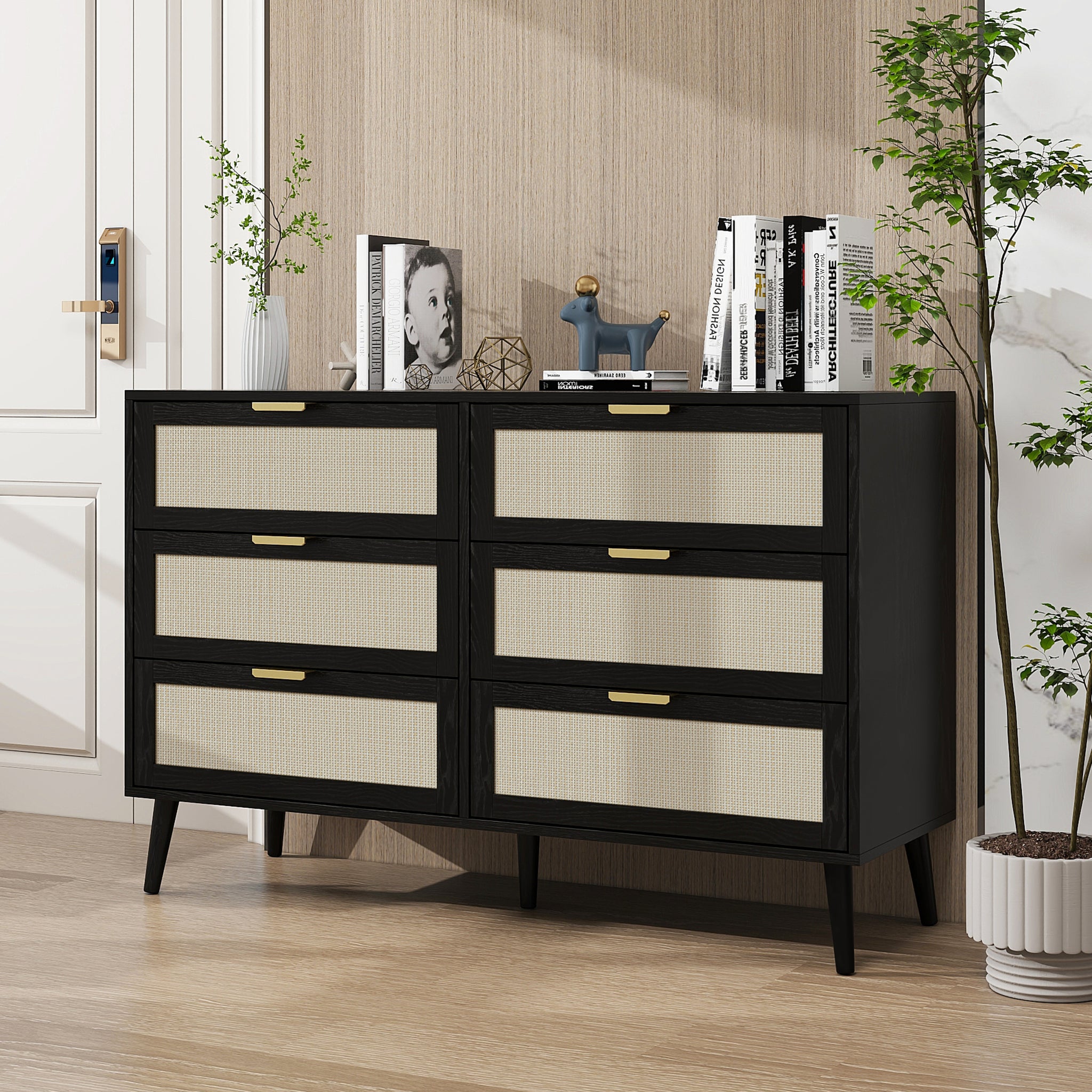 Modern 6 Drawer Dresser Wood Cabinet Black black-particle board