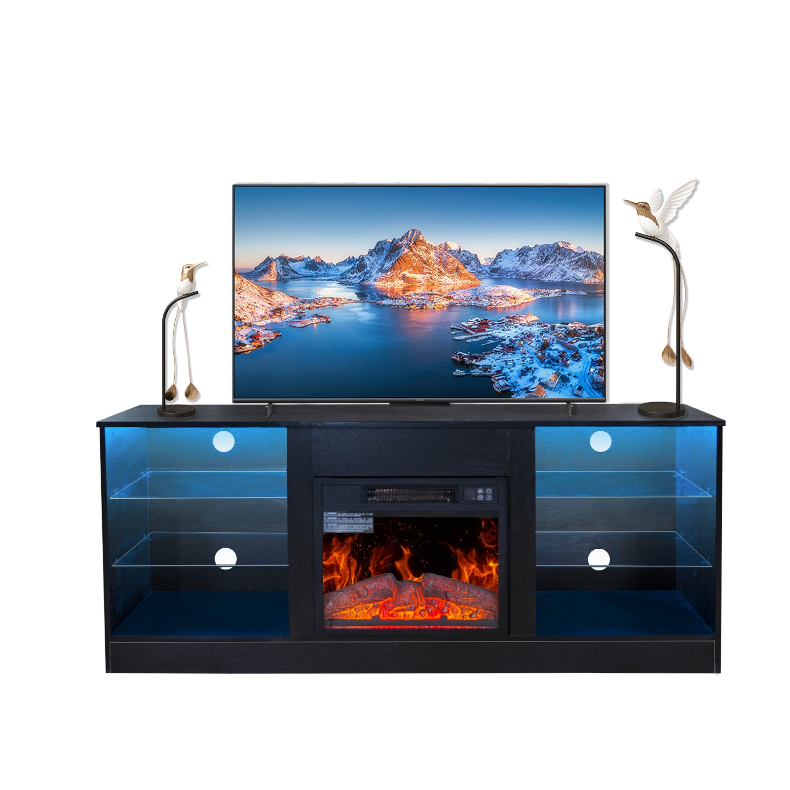 Fireplace Tv Stand With 18 Inch Electric Fireplace Heater,Modern Entertainment Center For Tvs Up To 62 Inch With Adjustable Glass Shelves And Storage Cabinets Black Black Mdf