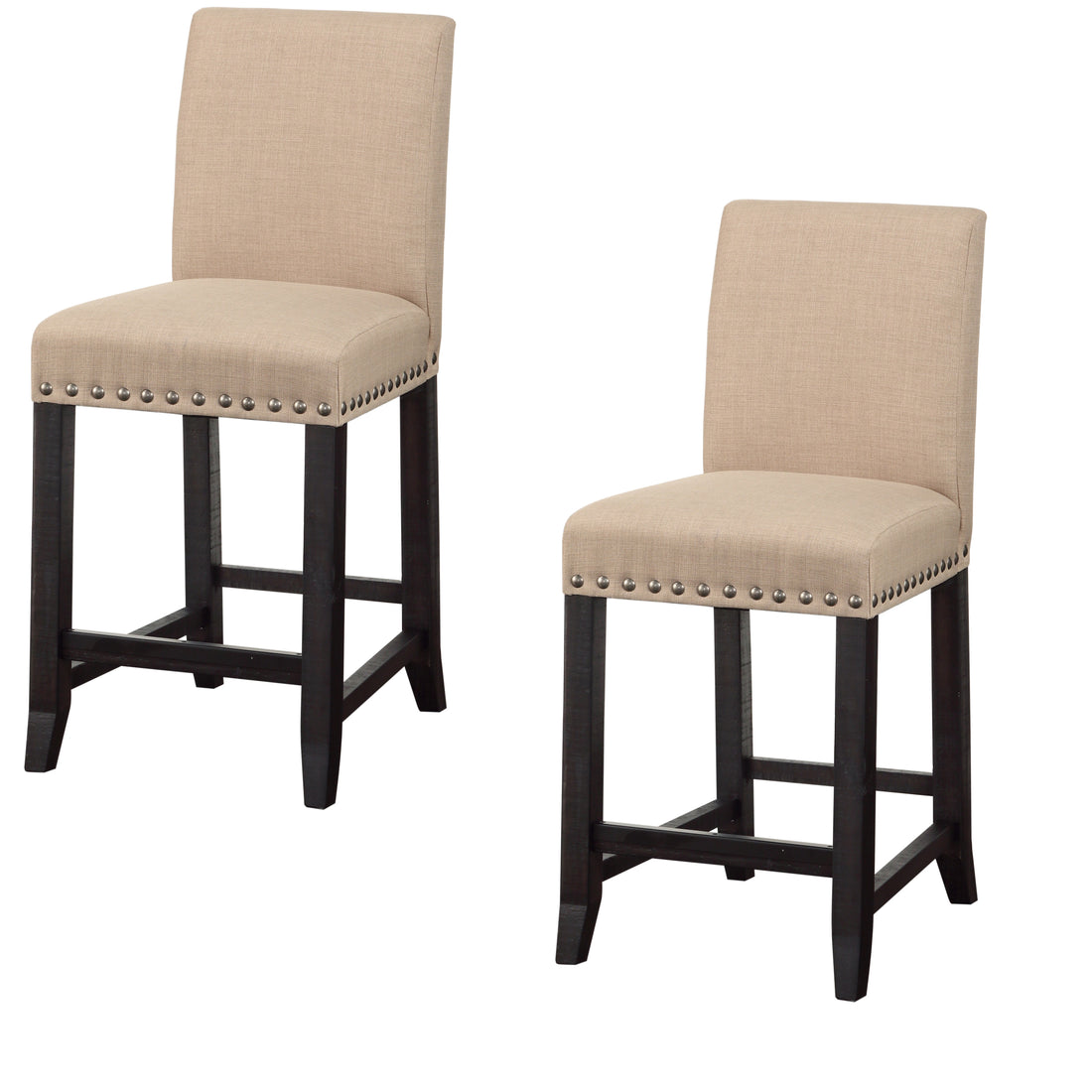 Fabric Upholstered Wooden Counter Height Stool With Nail Head Trim, Set Of 2, Brown Brown Wood Fabric