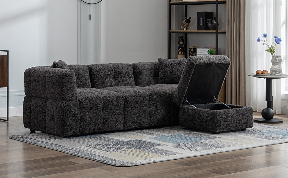 87.7" Sectional Sofa Cozy Teddy Fleece Fabric Sectional Sofa Couch With Two Usb Ports A Movable Storage Ottoman And Two Lumbar Pillows For Living Room, Gray Gray Foam Teddy 4 Seat