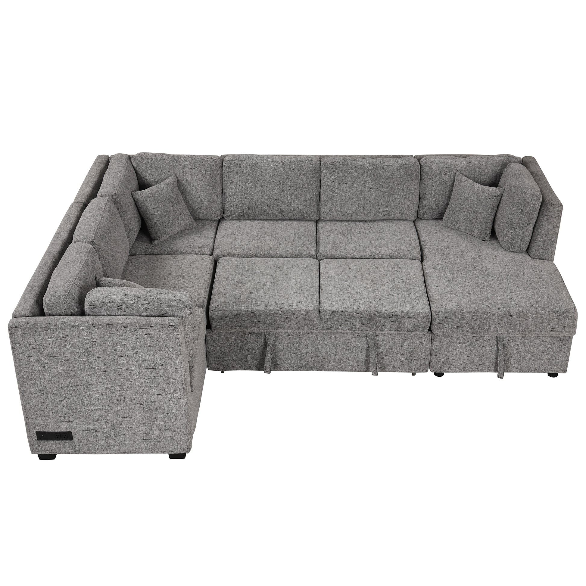 108.6" U Shaped Sectional Sofa Pull Out Sofa Bed With Two Usb Ports, Two Power Sockets, Three Back Pillows And A Storage Chaise For Living Room, Light Gray Light Gray Foam Chenille 5 Seat