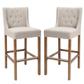 Wooden Barstool With Padded Seat, Button Tufted, Wing Back, Set Of 2, Beige And Brown Beige Brown Wood Fabric