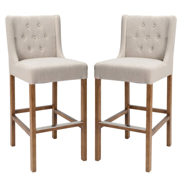 Wooden Barstool With Padded Seat, Button Tufted, Wing Back, Set Of 2, Beige And Brown Beige Brown Wood Fabric