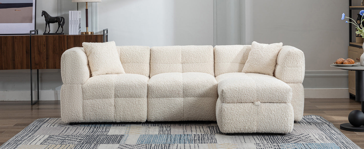 87.7" Sectional Sofa Cozy Teddy Fleece Fabric Sectional Sofa Couch With Two Usb Ports A Movable Storage Ottoman And Two Lumbar Pillows For Living Room, Creamy White Creamy White Foam Teddy