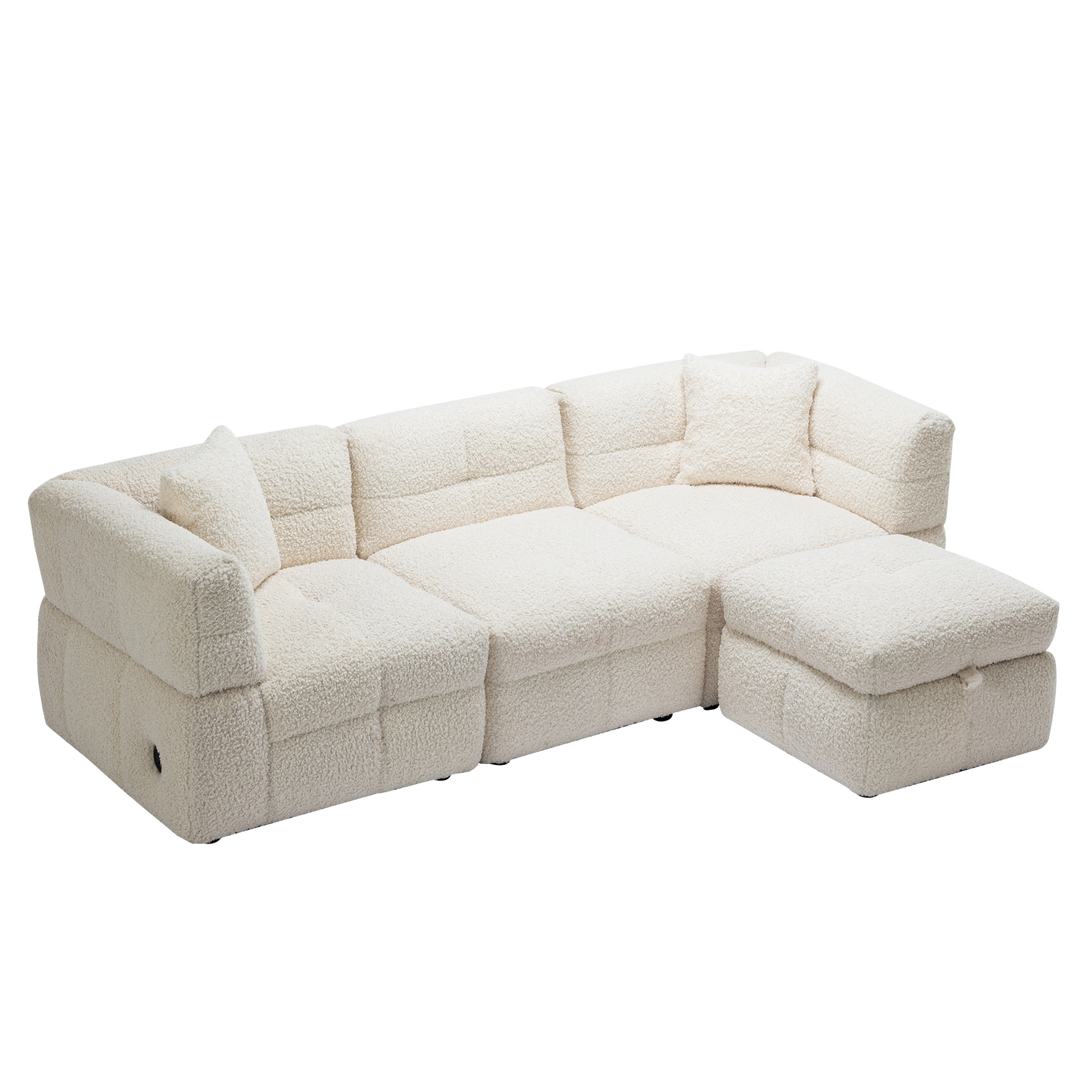 87.7" Sectional Sofa Cozy Teddy Fleece Fabric Sectional Sofa Couch With Two Usb Ports A Movable Storage Ottoman And Two Lumbar Pillows For Living Room, Creamy White Creamy White Foam Teddy