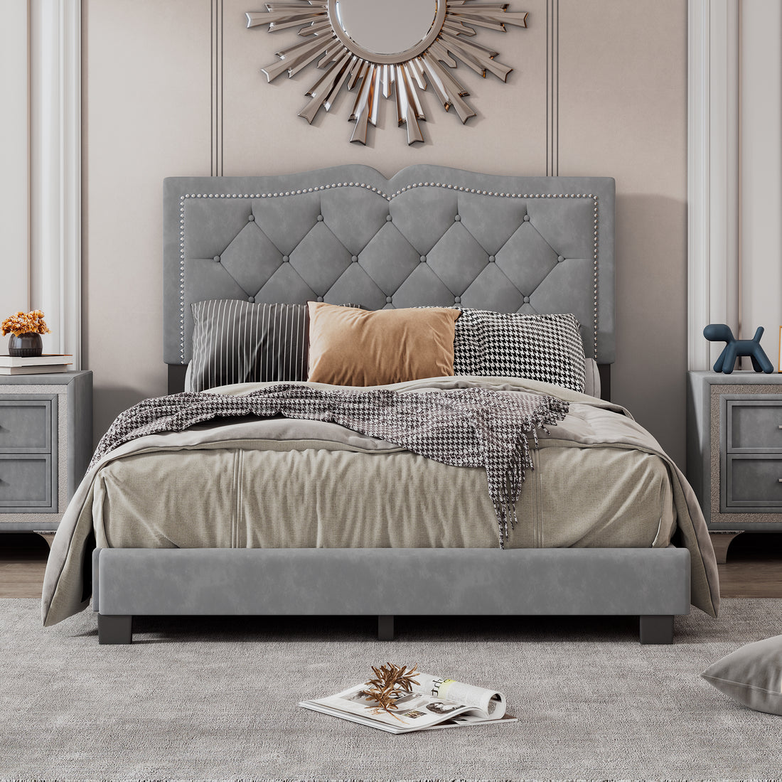 Full Size Upholstered Bed Frame With Rivet Design, Modern Velvet Platform Bed With Tufted Headboard,Gray Gray Velvet