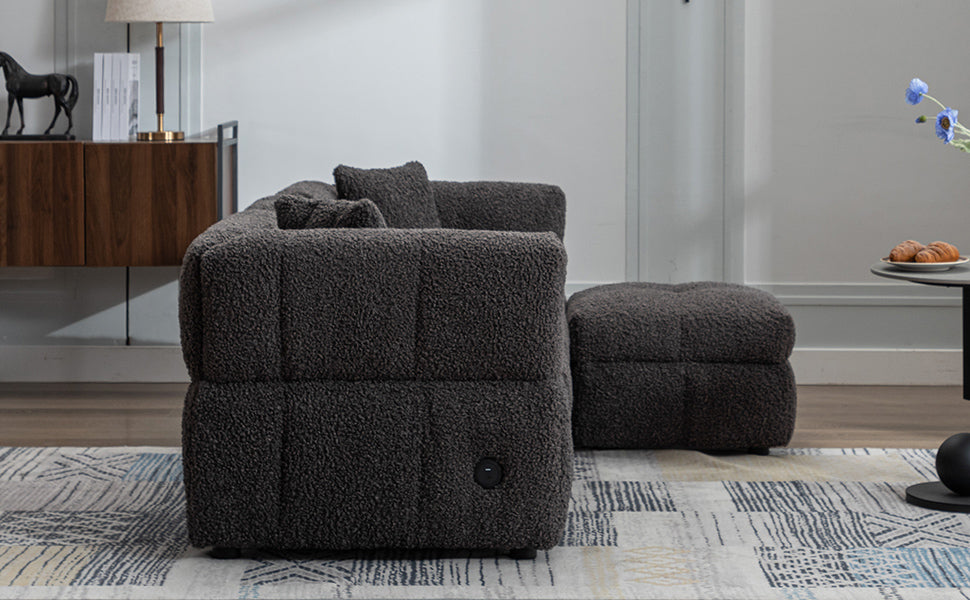 87.7" Sectional Sofa Cozy Teddy Fleece Fabric Sectional Sofa Couch With Two Usb Ports A Movable Storage Ottoman And Two Lumbar Pillows For Living Room, Gray Gray Foam Teddy 4 Seat