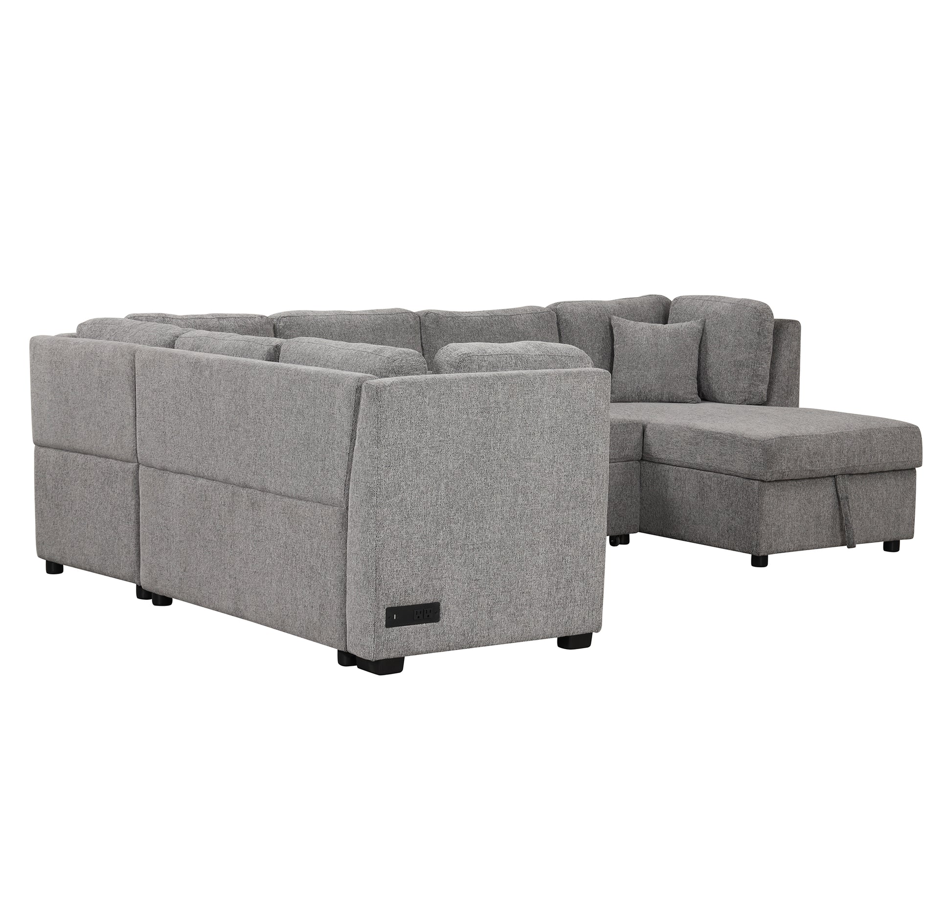 108.6" U Shaped Sectional Sofa Pull Out Sofa Bed With Two Usb Ports, Two Power Sockets, Three Back Pillows And A Storage Chaise For Living Room, Light Gray Light Gray Foam Chenille 5 Seat