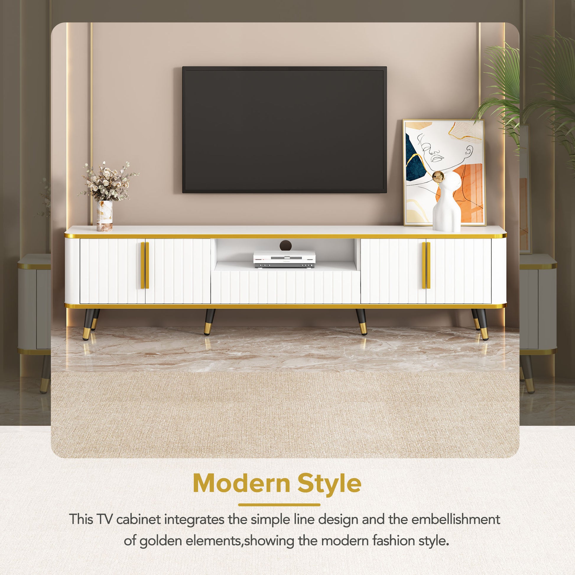 Luxury Minimalism Tv Stand With Open Storage Shelf For Tvs Up To 85", Entertainment Center With Cabinets And Drawers, Practical Media Console With Unique Legs For Living Room, White White Gold Primary Living Space 80 89 Inches 80 89 Inches 85 Inches