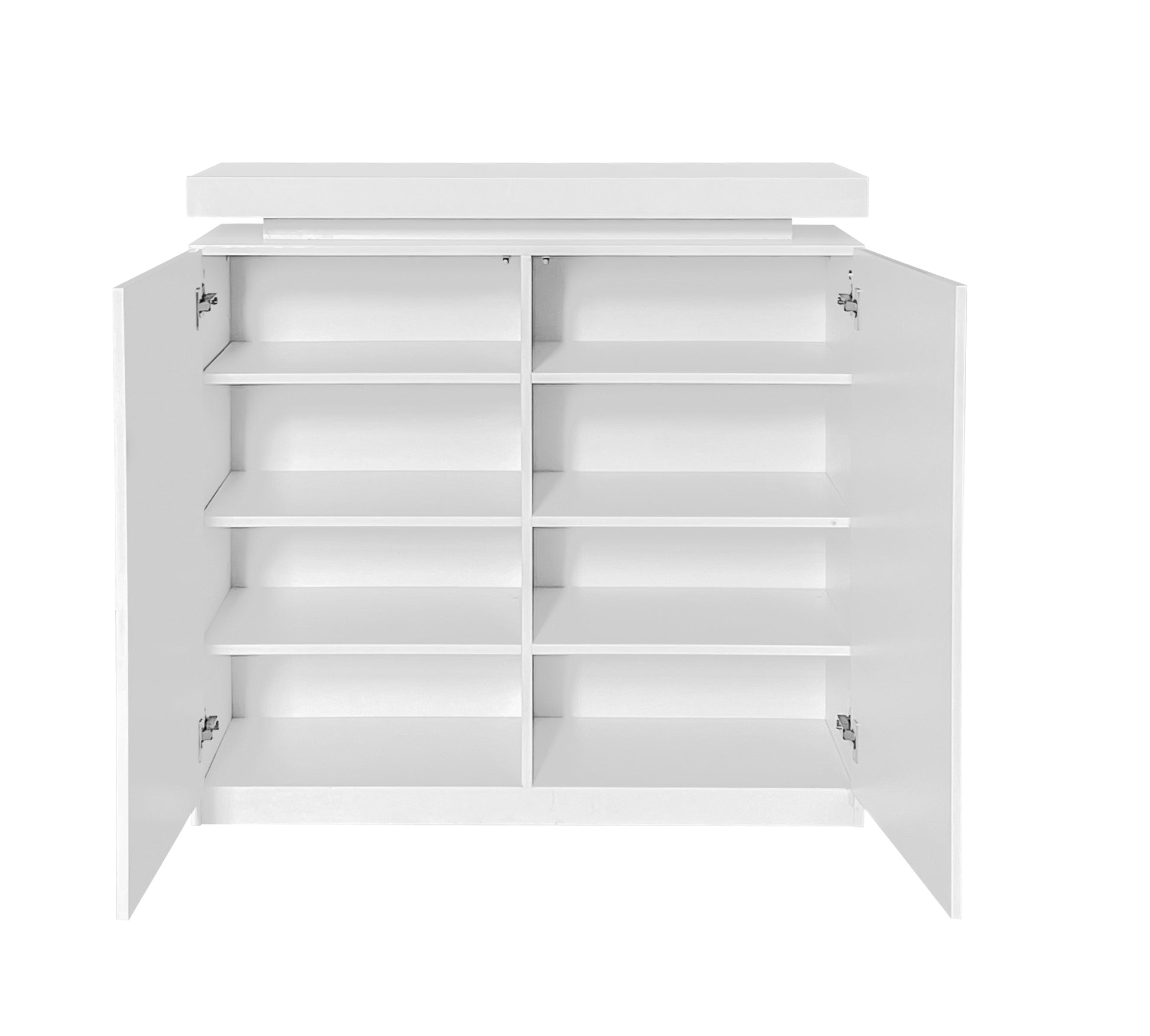 Large Spaces Shoe Cabinet High Glossy White Color With Led Light Have Moveable Shelves White Particle Board