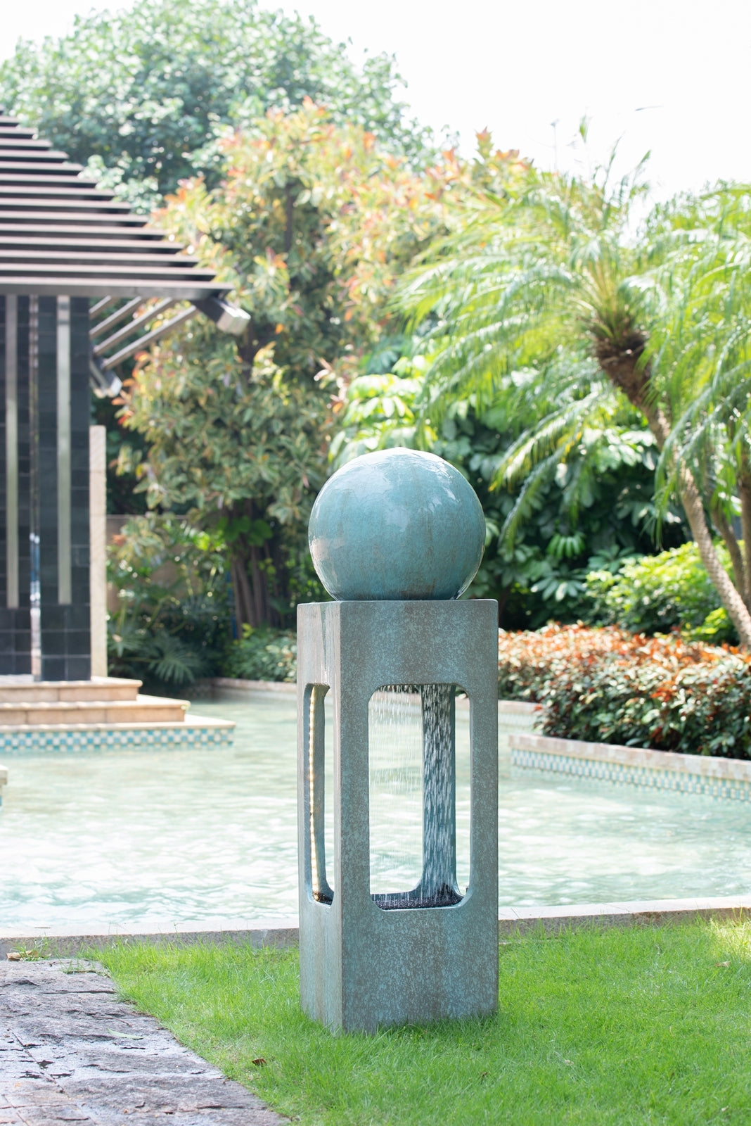 13x13x44" Tall Contemporary Sphere Outdoor Water antique blue-garden &
