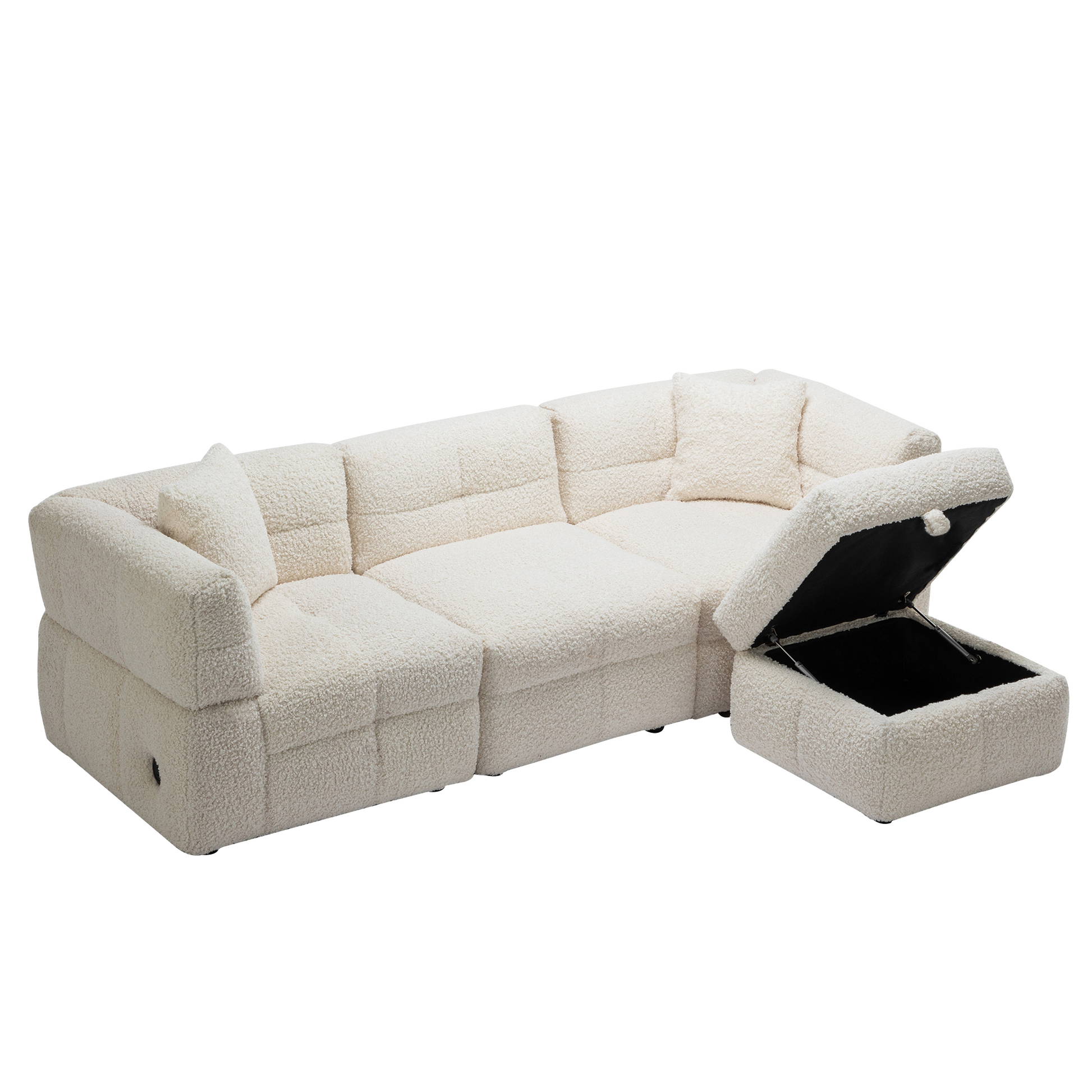 87.7" Sectional Sofa Cozy Teddy Fleece Fabric Sectional Sofa Couch With Two Usb Ports A Movable Storage Ottoman And Two Lumbar Pillows For Living Room, Creamy White Creamy White Foam Teddy