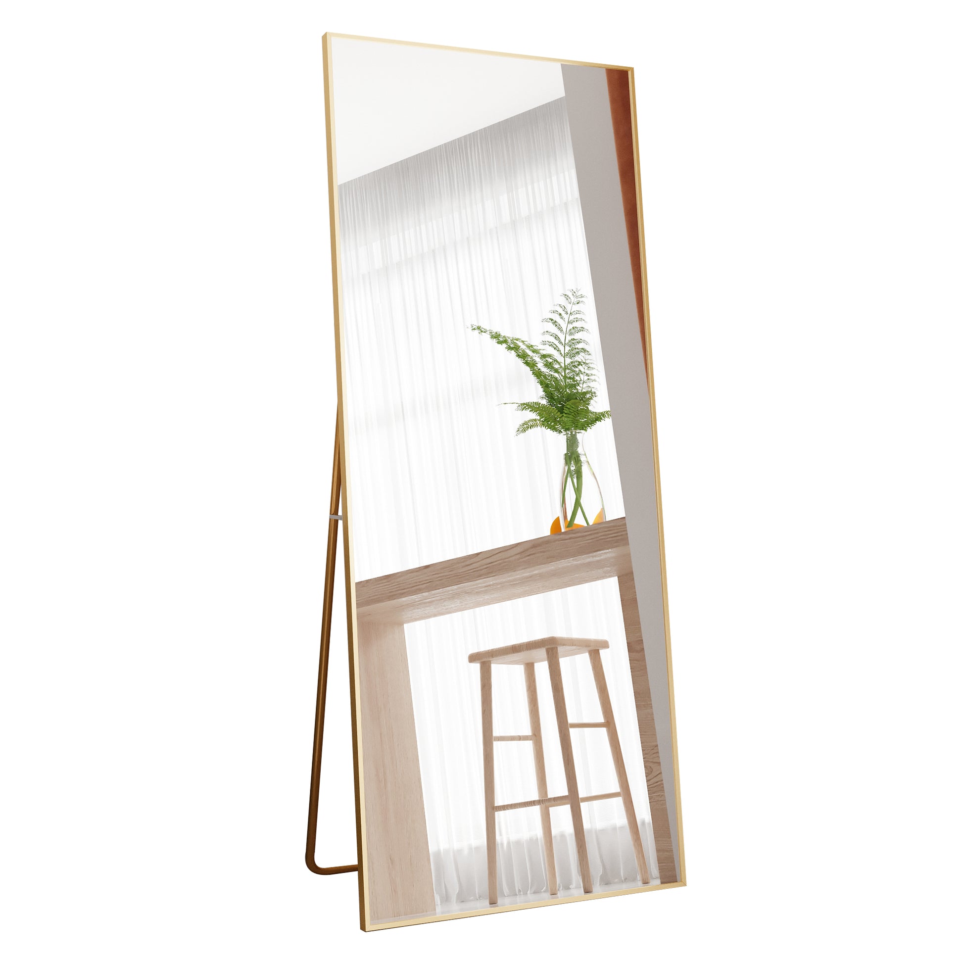 Tempered Mirror 71" X 32" Tall Full Length Mirror With Stand, Gold Wall Mounting Full Body Mirror, Metal Frame Full Length Mirror For Living Room, Bedroom Gold Glass
