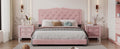 Queen Size Upholstered Bed Frame With Rivet Design, Modern Velvet Platform Bed With Tufted Headboard,Pink Pink Velvet