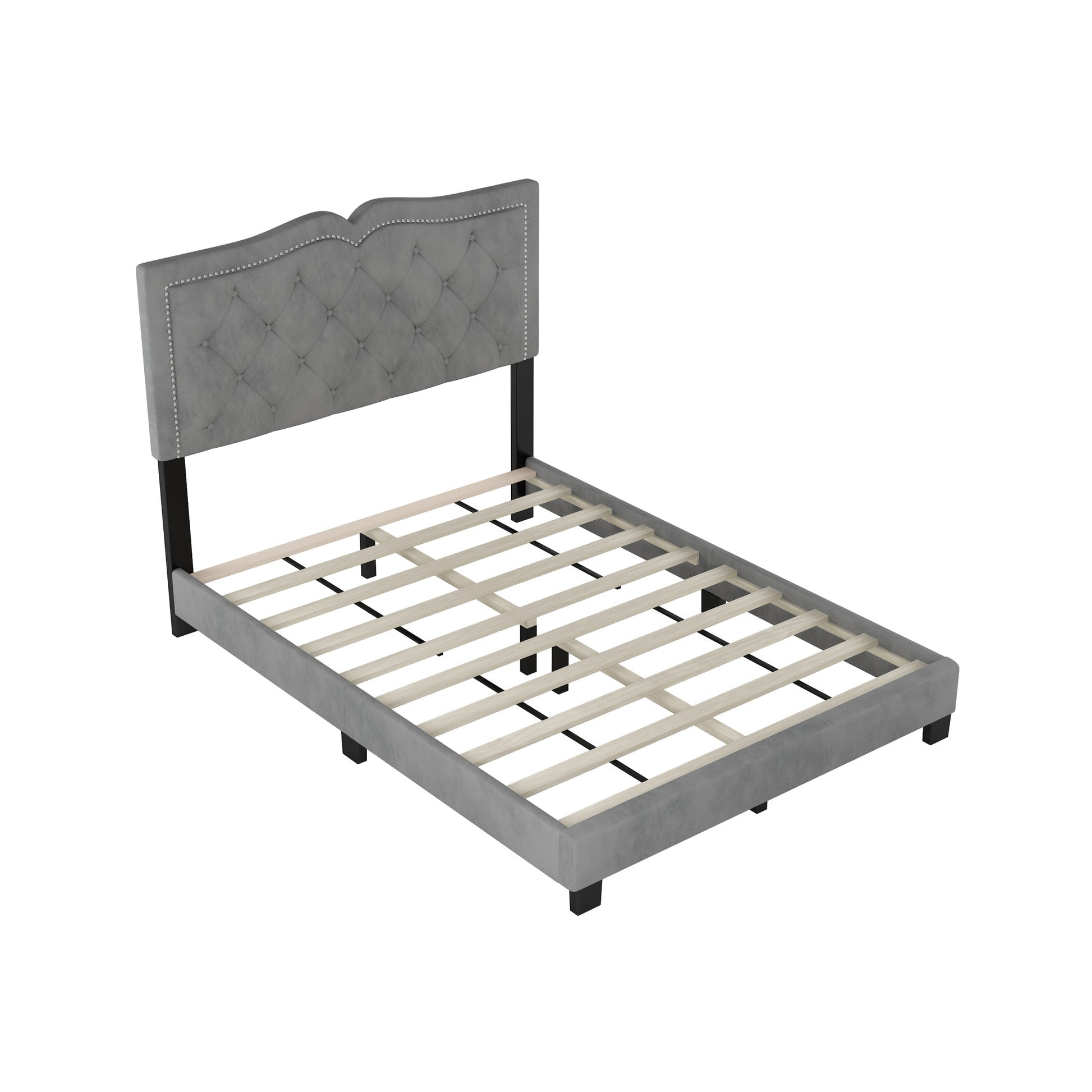 Full Size Upholstered Bed Frame With Rivet Design, Modern Velvet Platform Bed With Tufted Headboard,Gray Gray Velvet